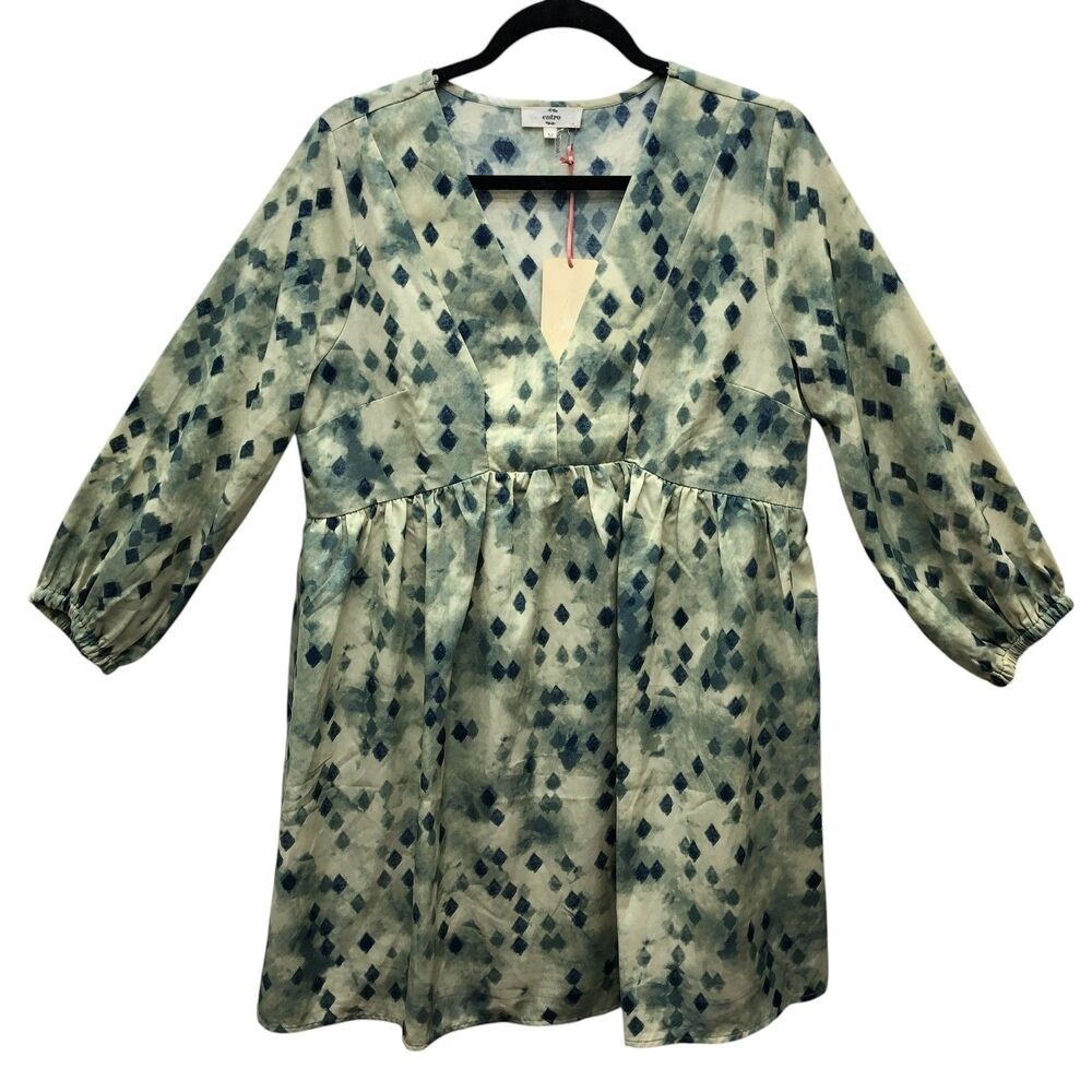 Entro Dress Womens Medium Blue Green Geometric Print Long Sleeve Lined Boho Chic